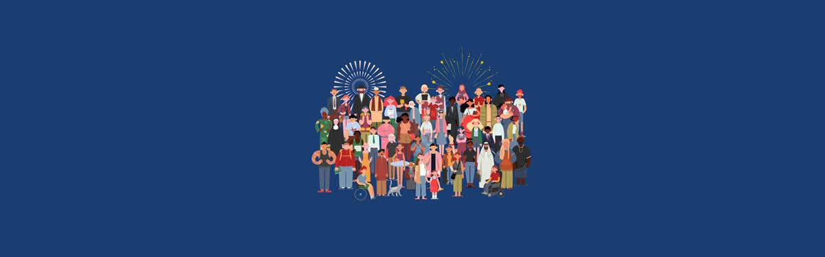 Group of illustrated people with fireworks